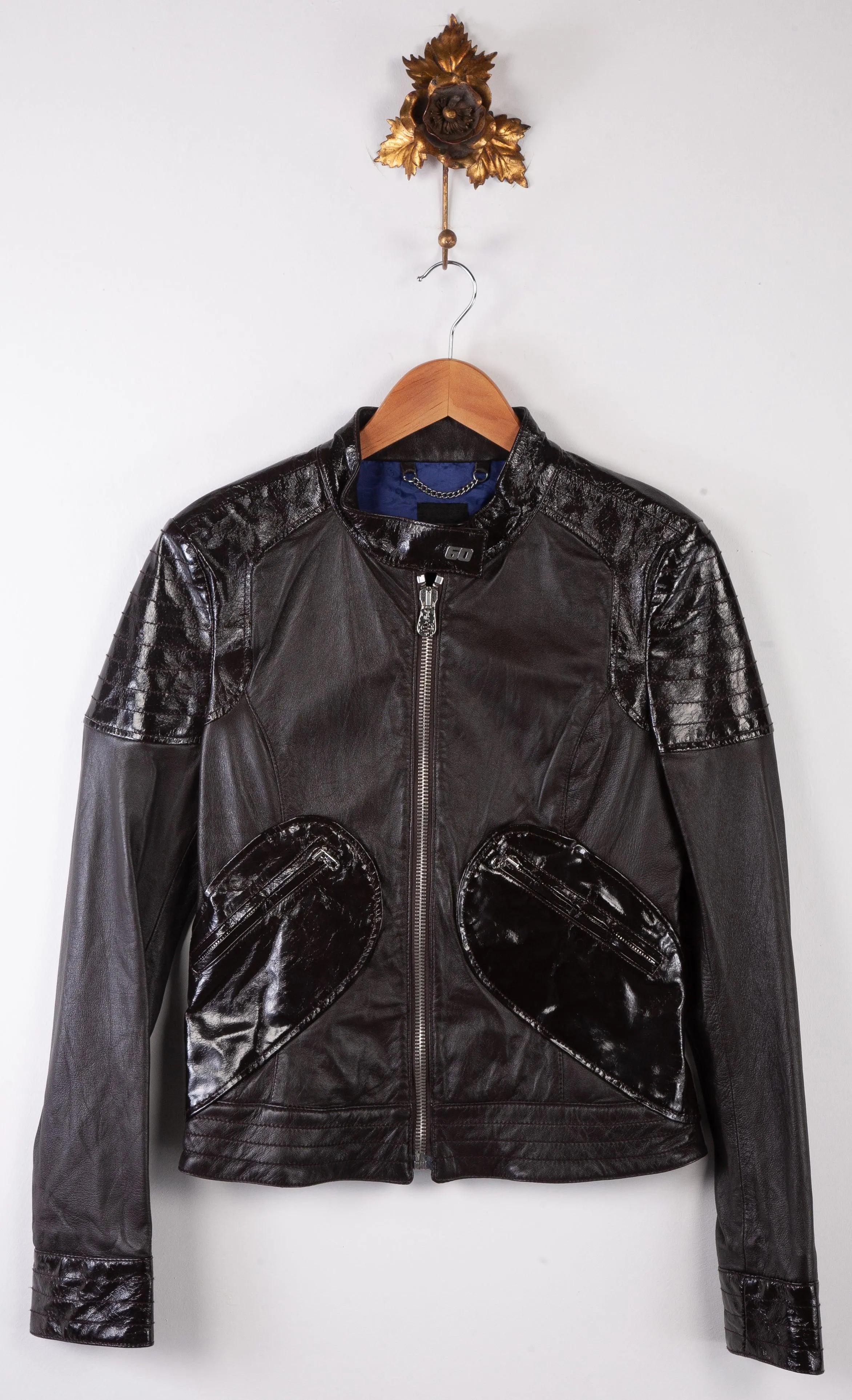 Miss Sixty Brown Biker Style Leather Jacket with Patent Accents Size M (UK 10)