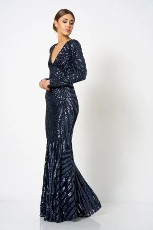 Navy Sequin Embellished Fishtail Maxi Dress