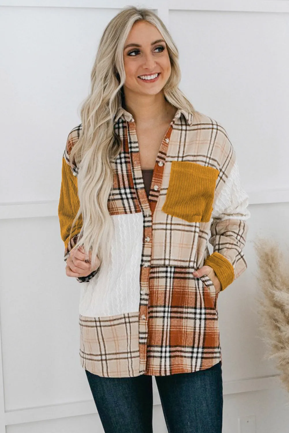 Orange Plaid Color Block Patchwork Pocket Shirt Shacket