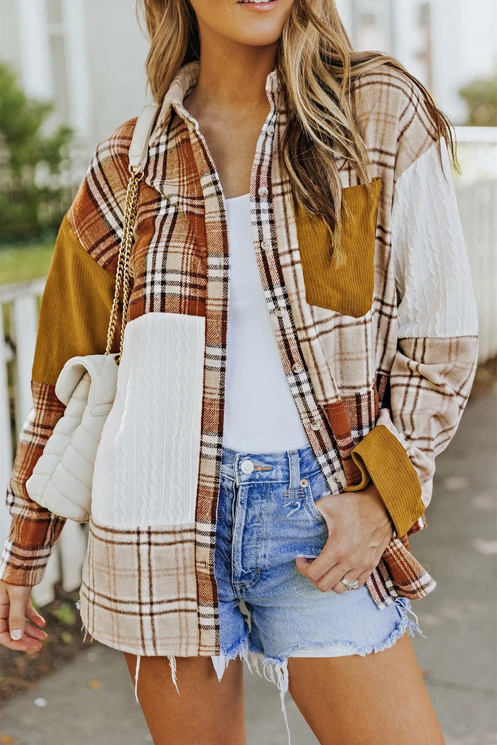 Orange Plaid Color Block Patchwork Pocket Shirt Shacket