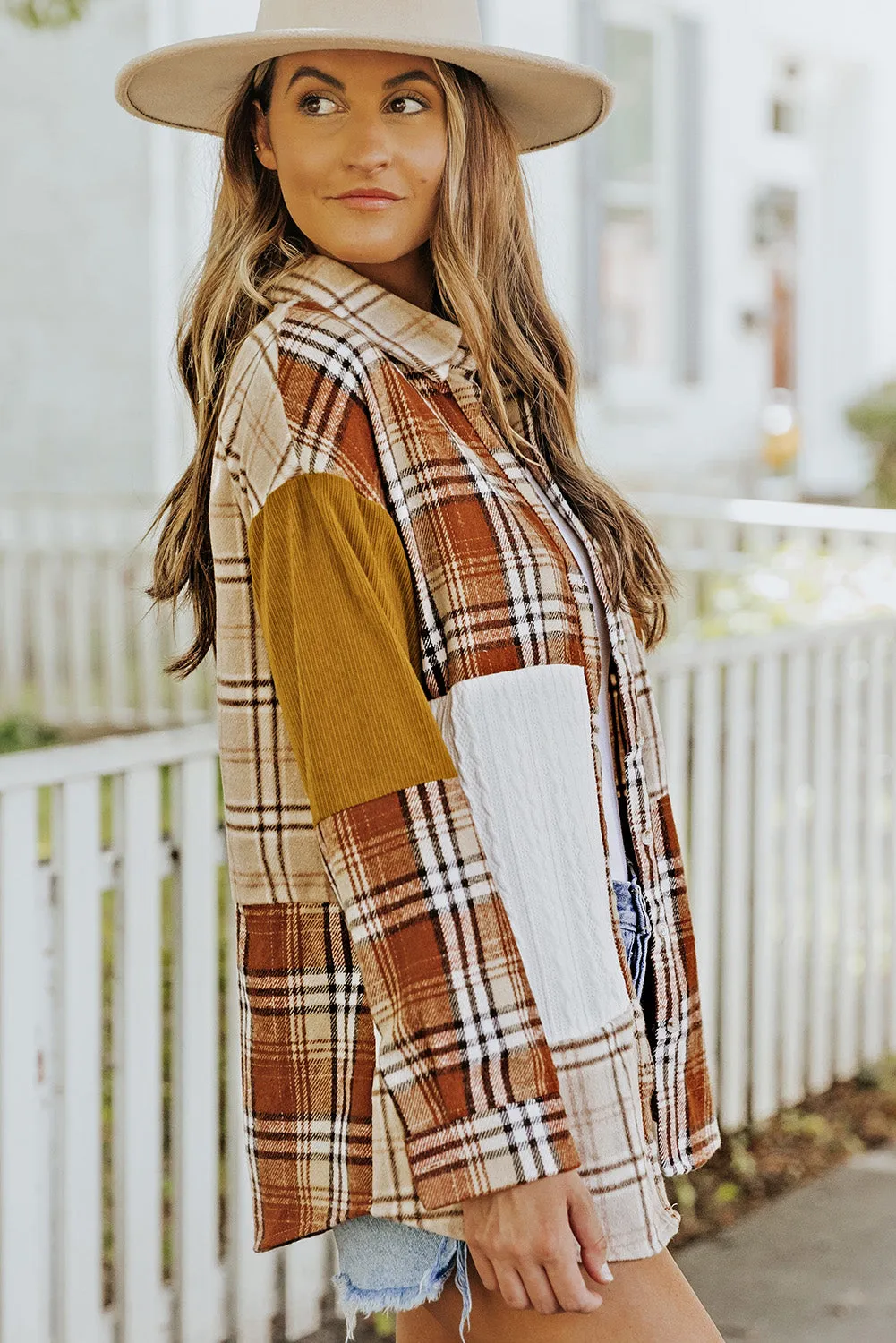 Orange Plaid Color Block Patchwork Pocket Shirt Shacket