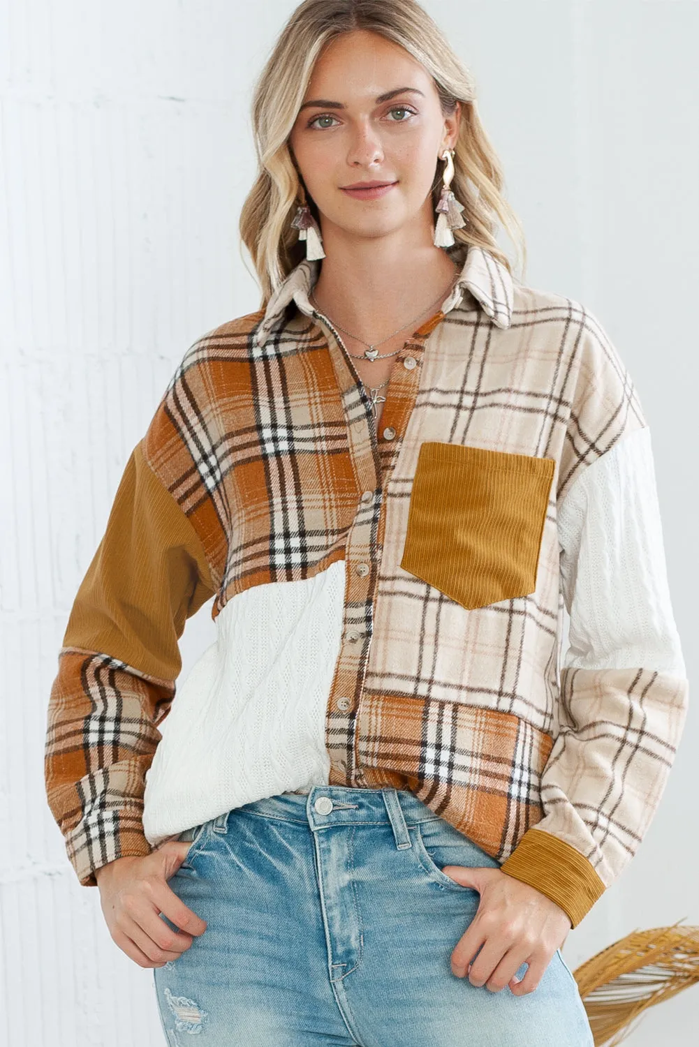 Orange Plaid Color Block Patchwork Pocket Shirt Shacket