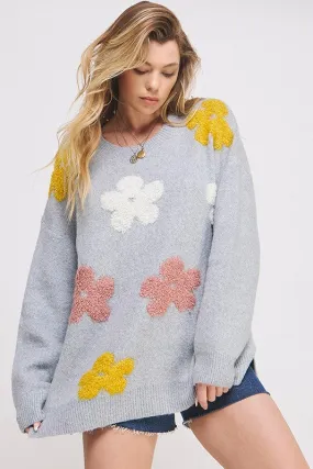 PLUS SIZE OVERSIZED LONG SLEEVE FLORAL KNIT SWEATER  - Online Exclusive