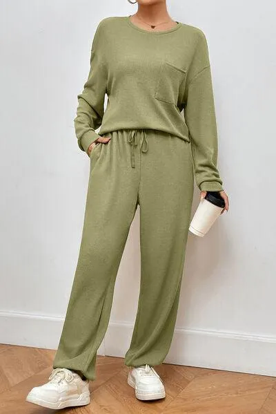 Pocketed Round Neck Top and Pants Lounge Set