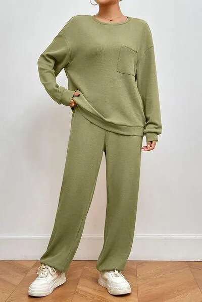 Pocketed Round Neck Top and Pants Lounge Set