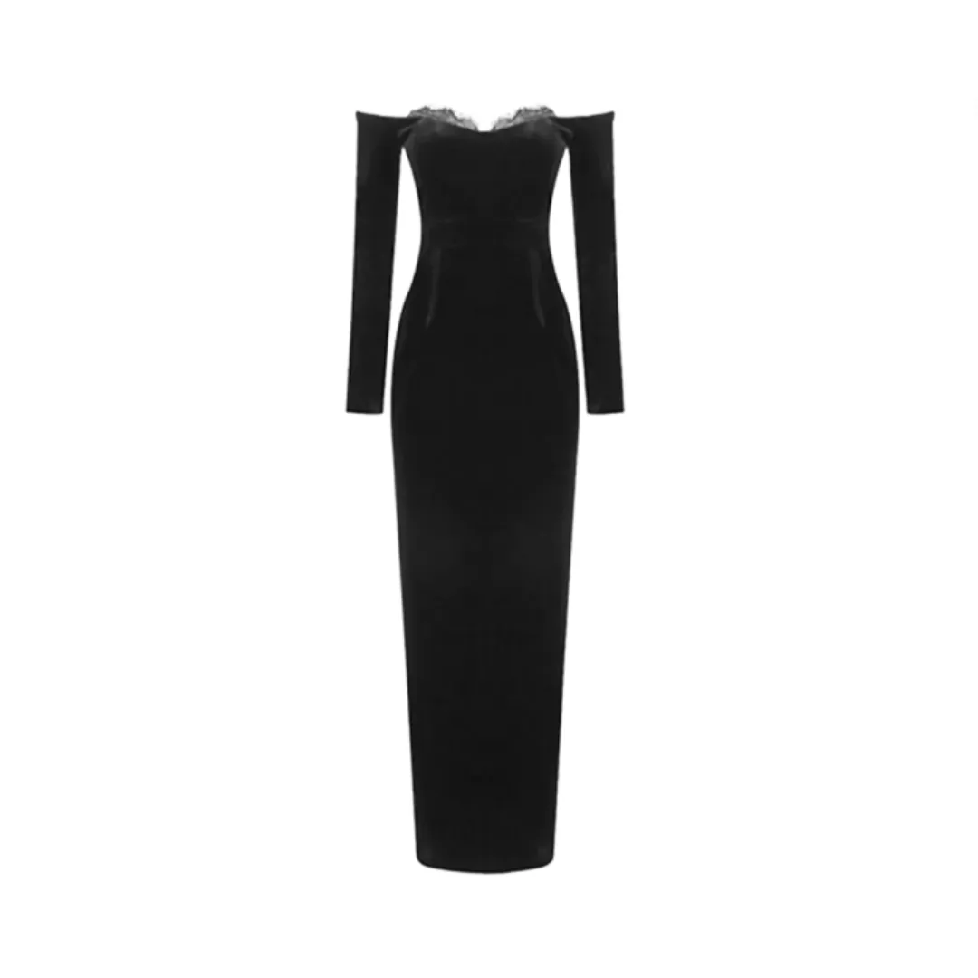 Pre Order:  Black Long Sleeved Lace Velvet Dress