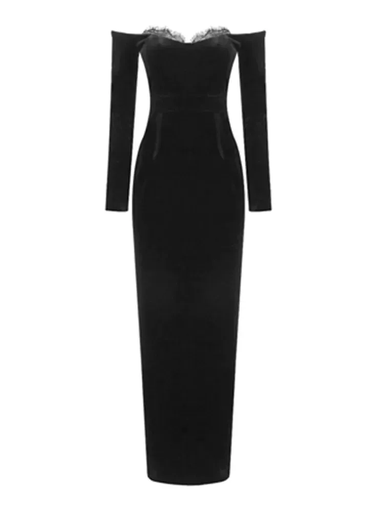 Pre Order:  Black Long Sleeved Lace Velvet Dress