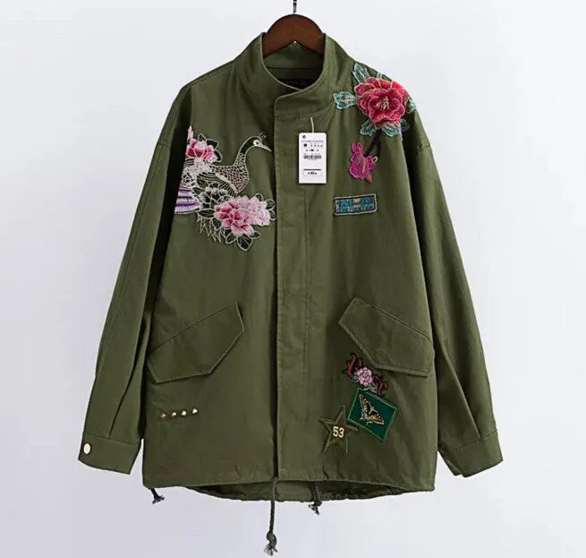 Red Rose Flower 3D Appliques Embroidery Pike Jacket Army Green