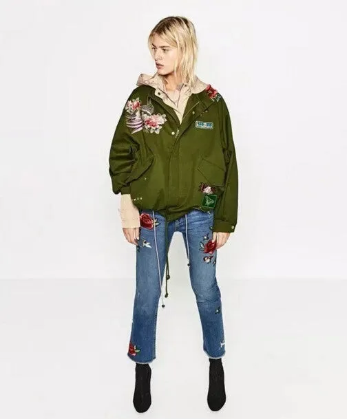 Red Rose Flower 3D Appliques Embroidery Pike Jacket Army Green