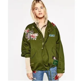 Red Rose Flower 3D Appliques Embroidery Pike Jacket Army Green