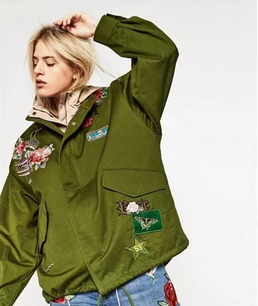 Red Rose Flower 3D Appliques Embroidery Pike Jacket Army Green