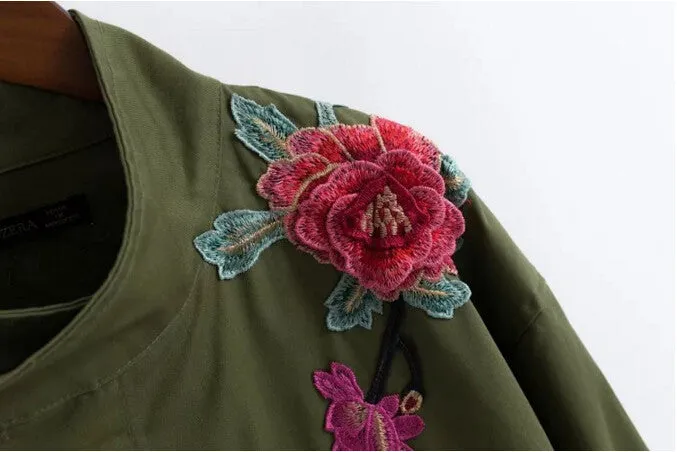 Red Rose Flower 3D Appliques Embroidery Pike Jacket Army Green