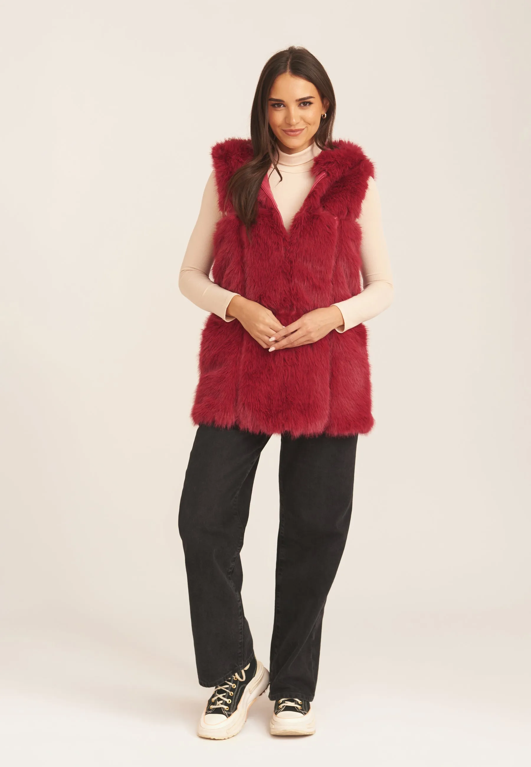 Red Soft Touch Fur Longline Gilet