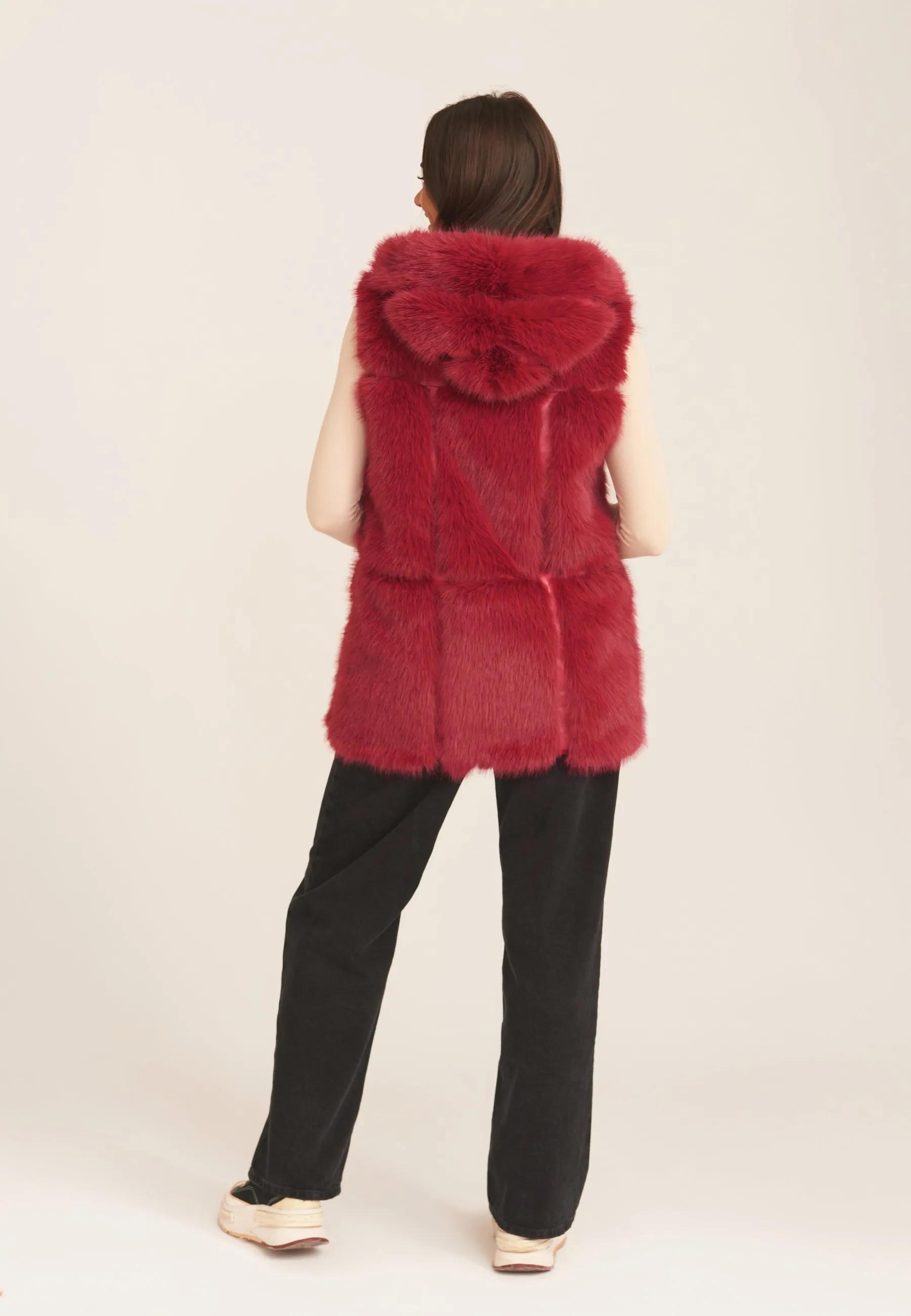 Red Soft Touch Fur Longline Gilet