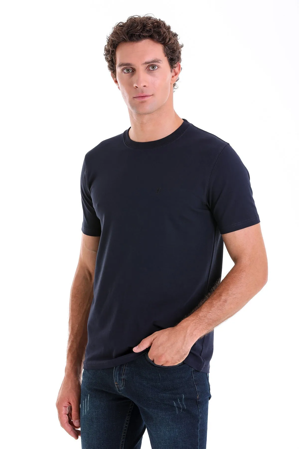 Regular Fit Cotton Blend Navy Crewneck T-Shirt