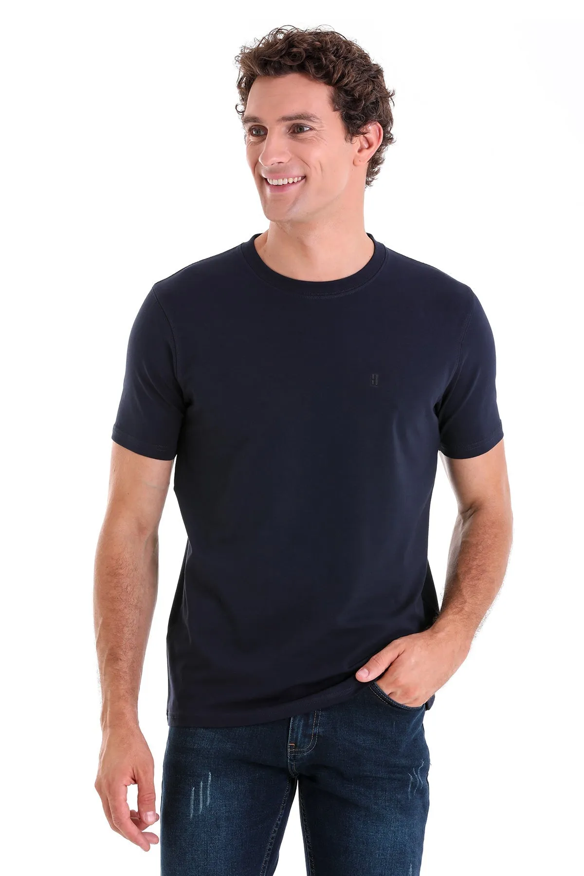 Regular Fit Cotton Blend Navy Crewneck T-Shirt