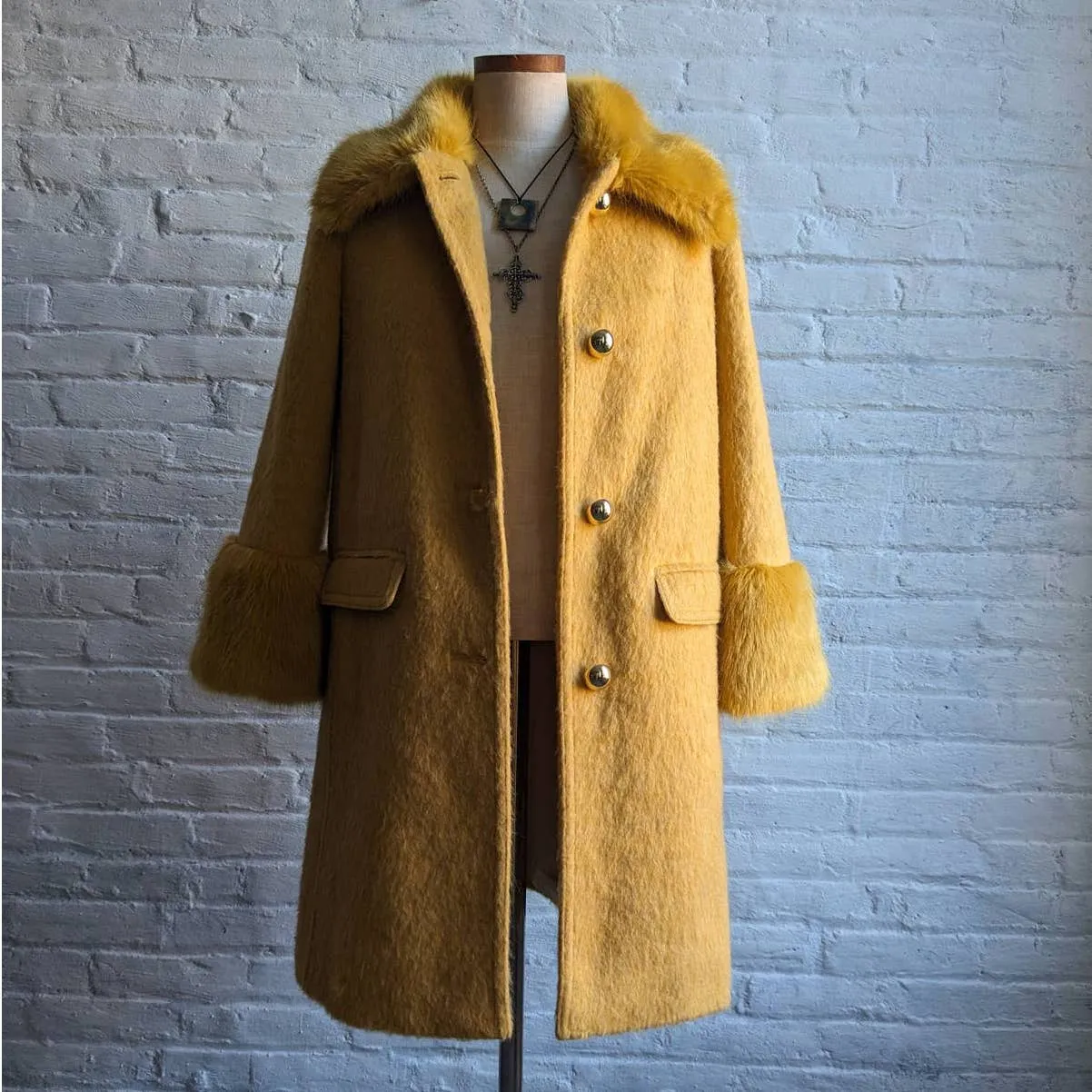 Retro 70s style Groovy Yellow Wool Yellow Penny Lane Jacket Shag Trench Coat