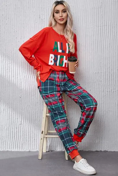 Round Neck Top and Plaid Pants Lounge Set