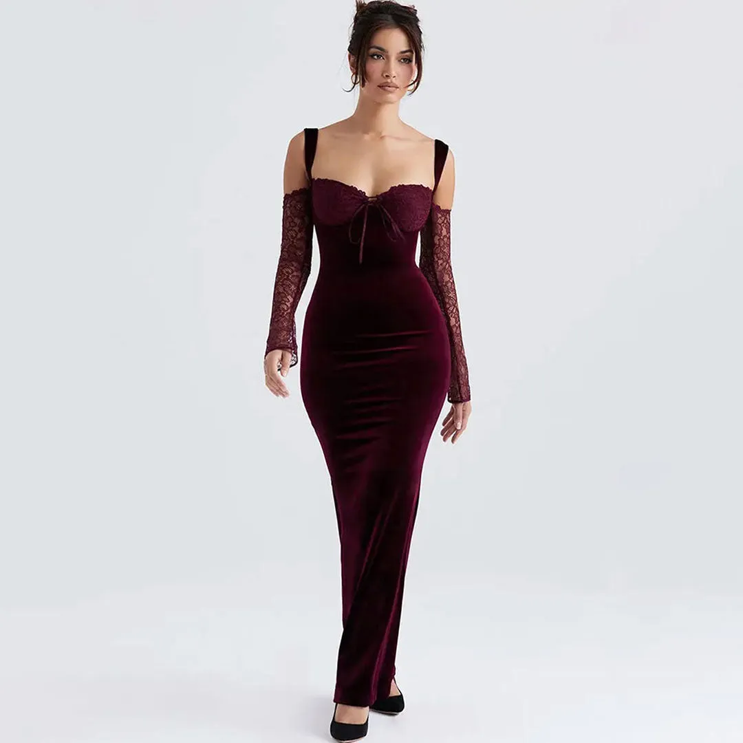 Sexy Lace Sweetheart Neck Bow Tie Velvet Mermaid Maxi Dress - Burgundy