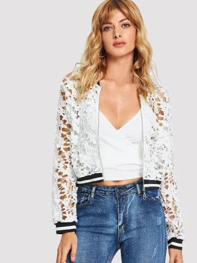 Sheer Lace detail bomber jacket