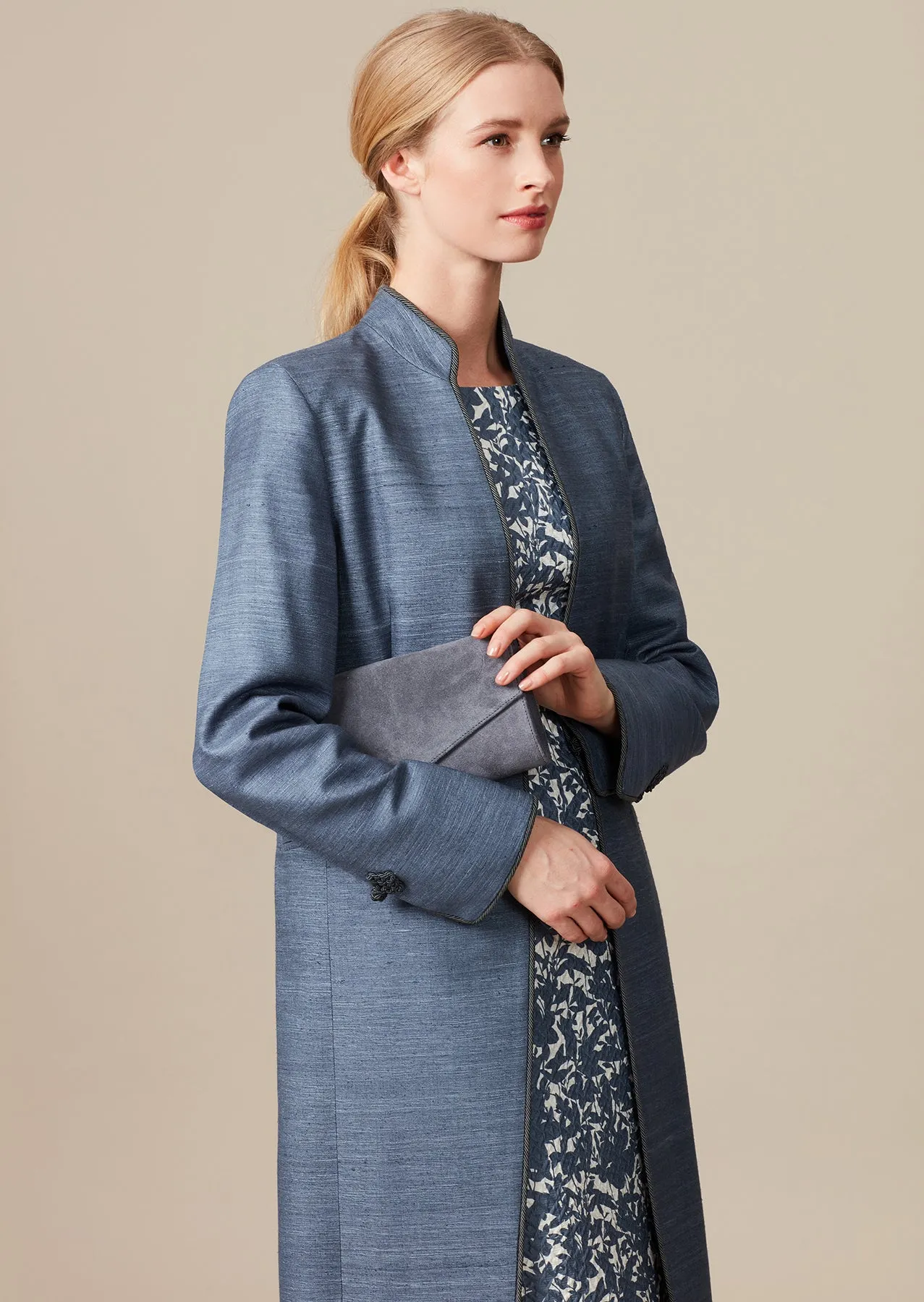 Slate Plain Raw Silk Coat  - Vicky