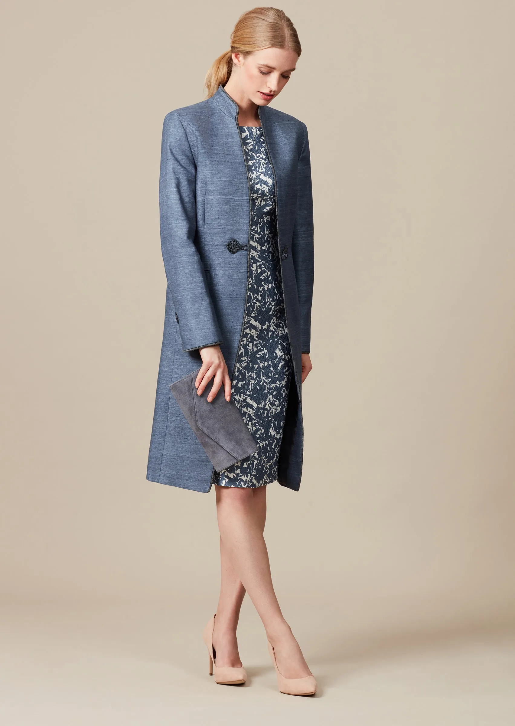 Slate Plain Raw Silk Coat  - Vicky