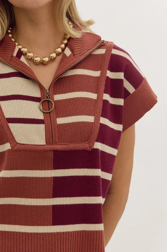 Striped Colorblock Cropped Sweater in Chestnut Multi by Entro