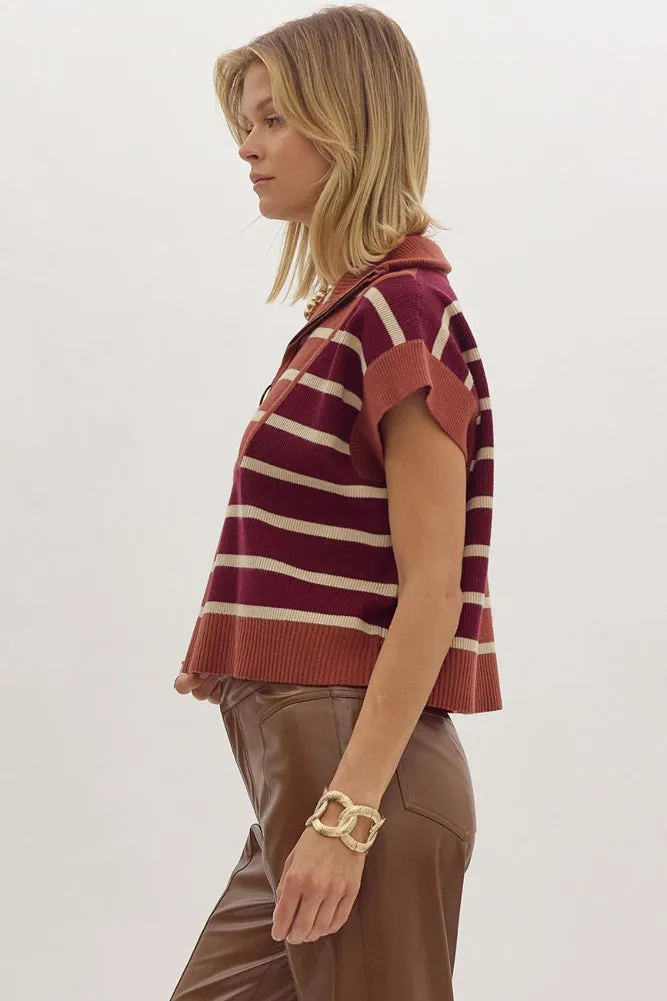 Striped Colorblock Cropped Sweater in Chestnut Multi by Entro