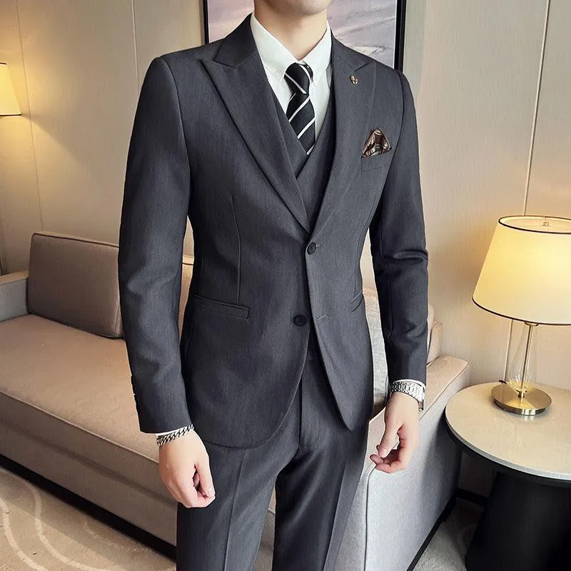 Suit Three-piece Slim Style Double Buckle Solid Color Light Business