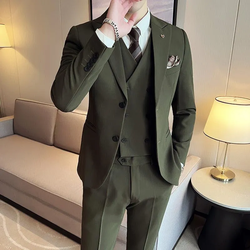 Suit Three-piece Slim Style Double Buckle Solid Color Light Business