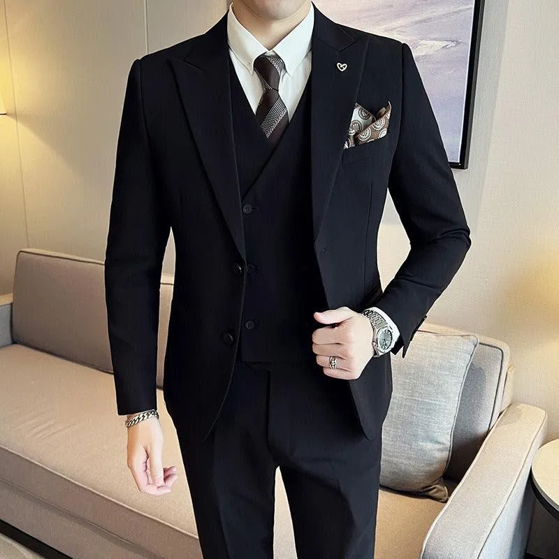 Suit Three-piece Slim Style Double Buckle Solid Color Light Business