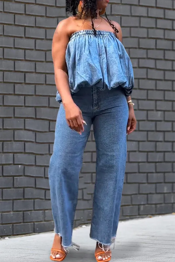 Summer Elastic Band Balloon Hem Denim Tube Top