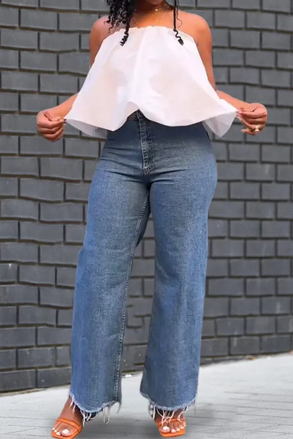 Summer Elastic Band Balloon Hem Denim Tube Top