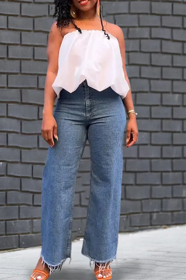 Summer Elastic Band Balloon Hem Denim Tube Top