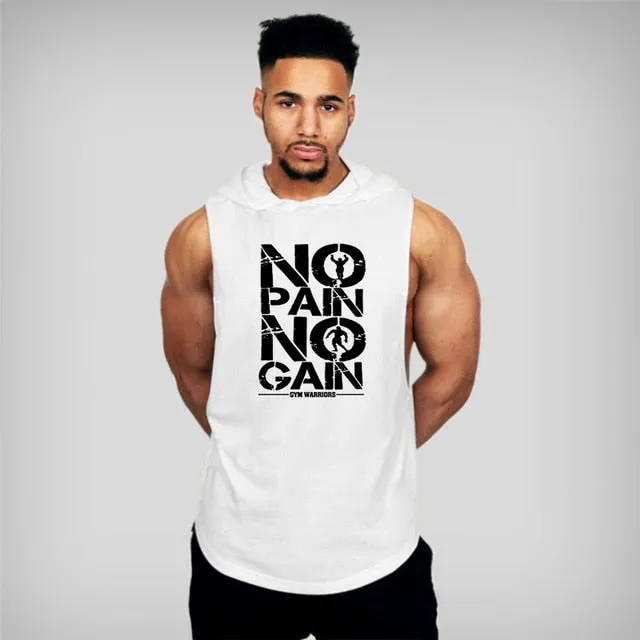 Trendy No Pain No Game Cotton Sleeveless Hooded Tank Top