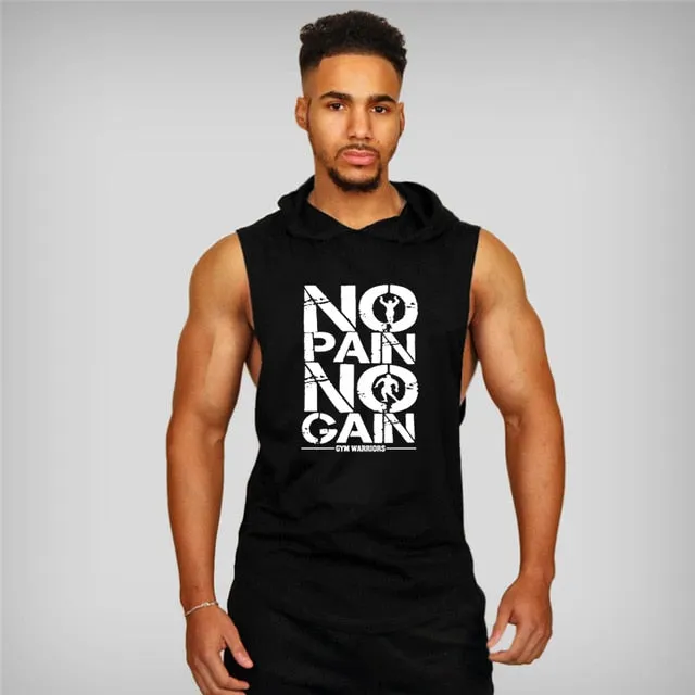 Trendy No Pain No Game Cotton Sleeveless Hooded Tank Top