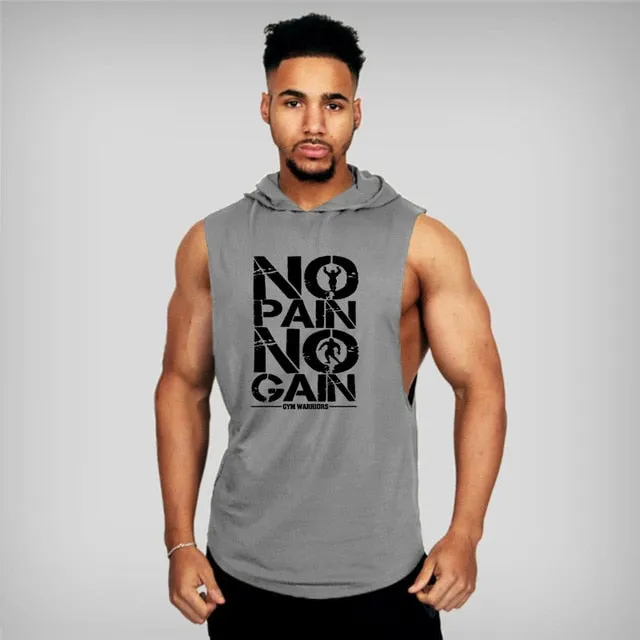 Trendy No Pain No Game Cotton Sleeveless Hooded Tank Top