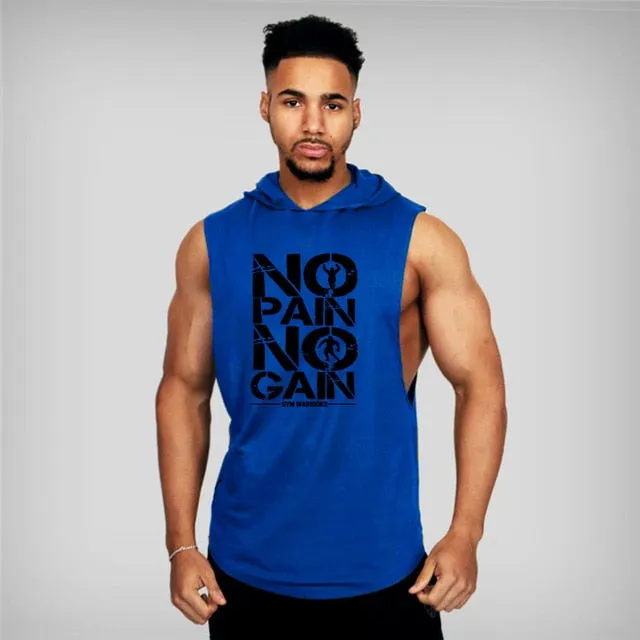 Trendy No Pain No Game Cotton Sleeveless Hooded Tank Top