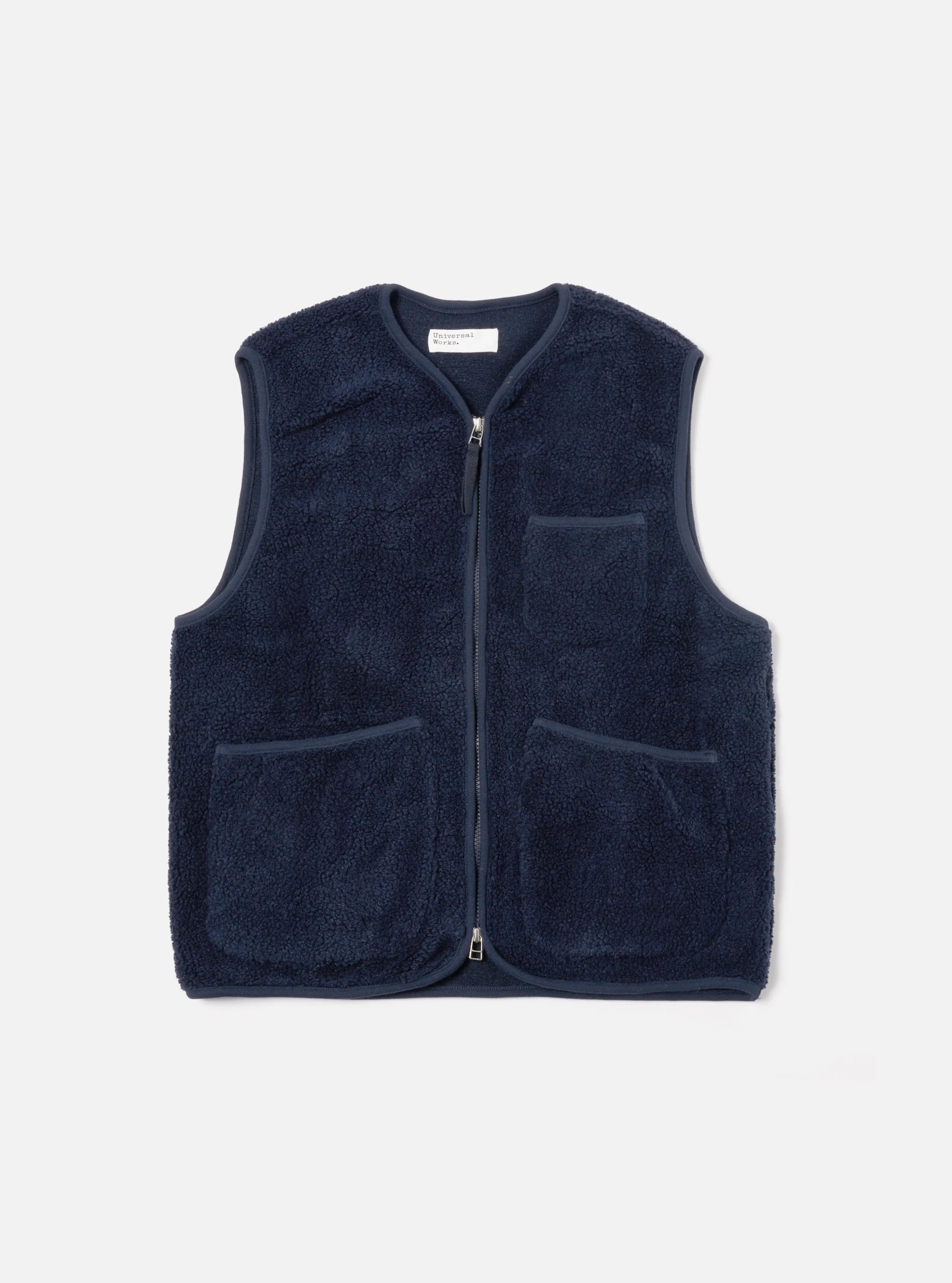 Universal Works Zip Gilet in Navy Mountain Fleece