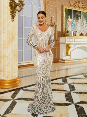 V-Neck Backless Mermaid Long Sleeve Evening Dress RJ10451