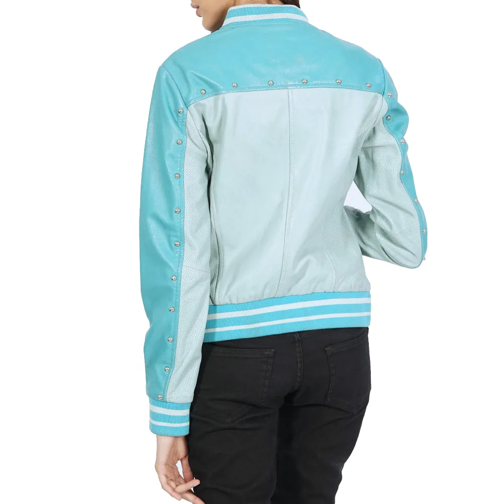 Varsity Turquoise Bomber Leather Jacket