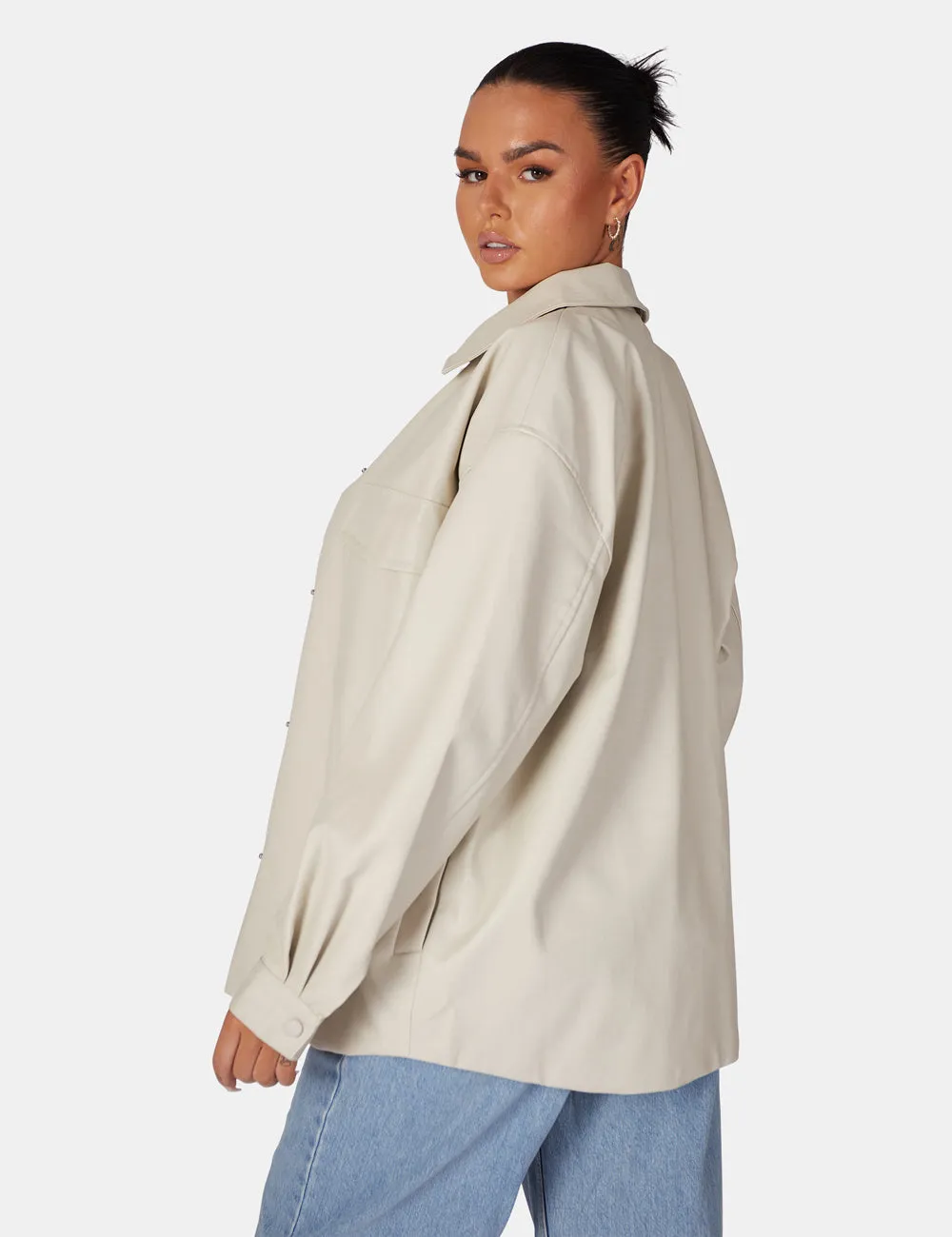 Vegan Leather Pocket Oversized Shacket Stone