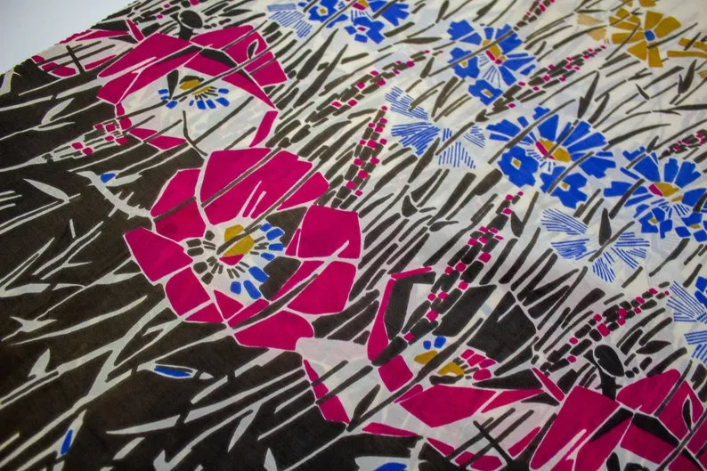 Vintage 1920s Floral Print Magenta/ Blue/ Yellow Silk Fabric, 1.36 yrd