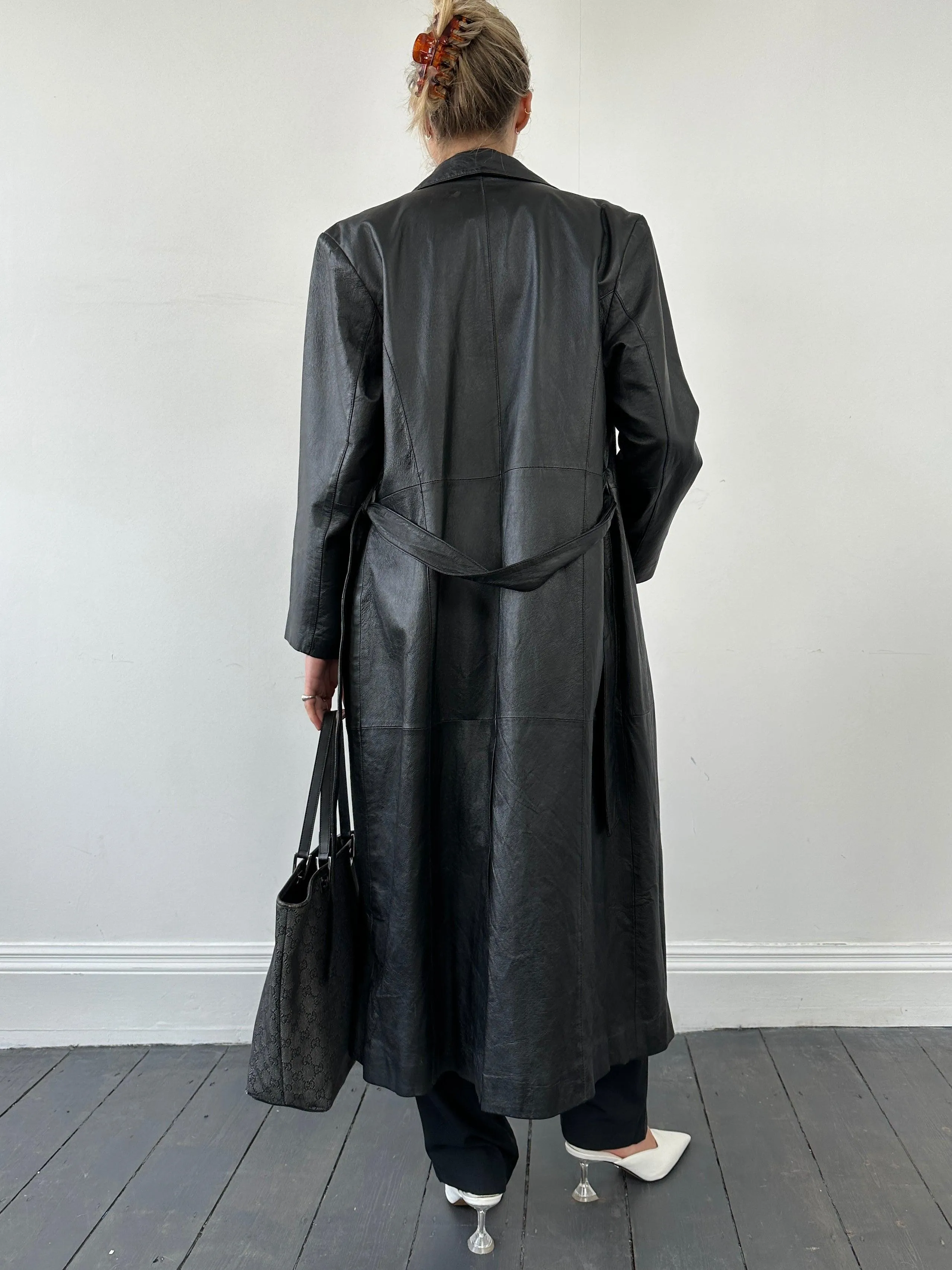 Vintage Belted Leather Trench Coat - S/M