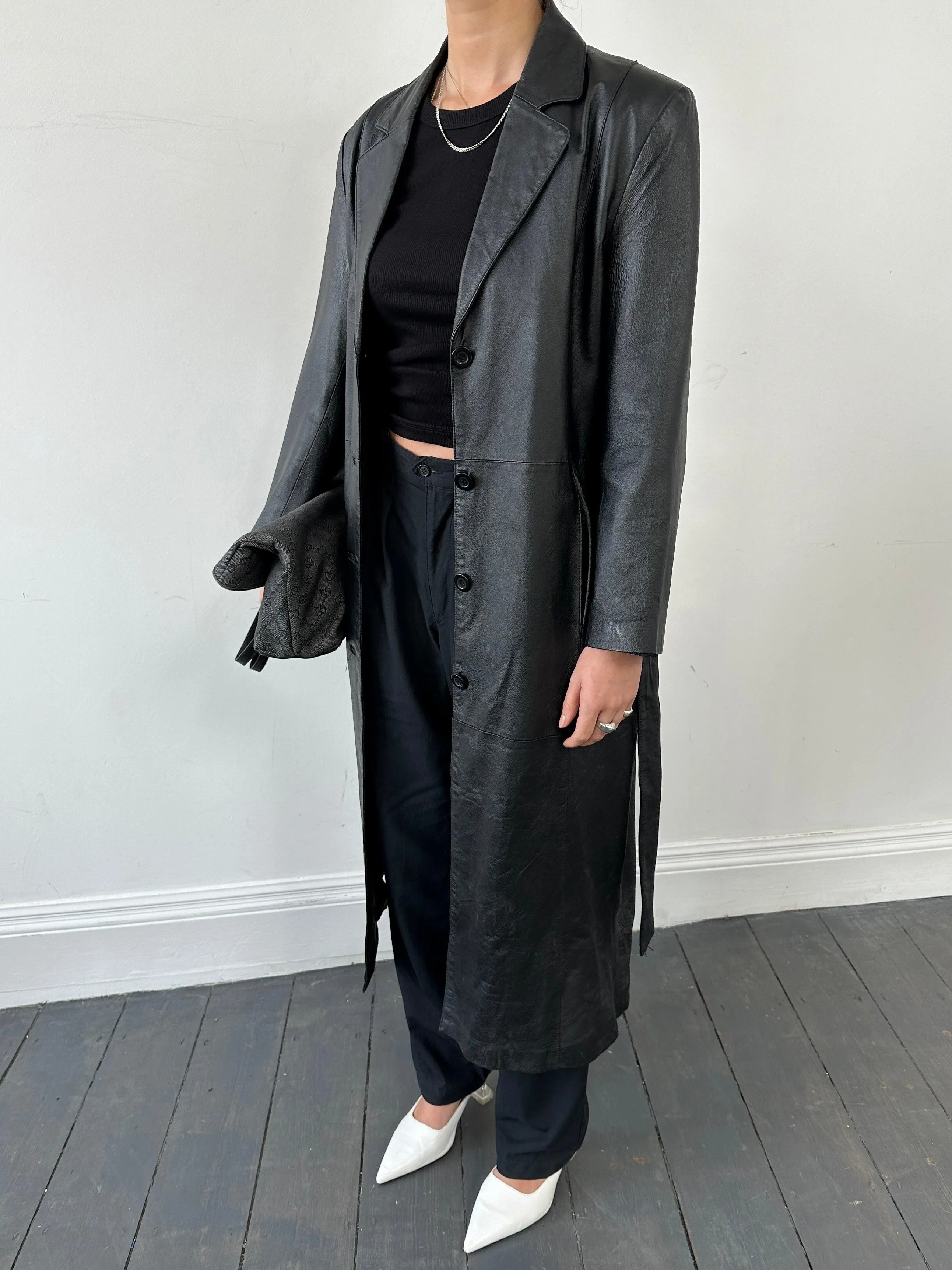 Vintage Belted Leather Trench Coat - S/M