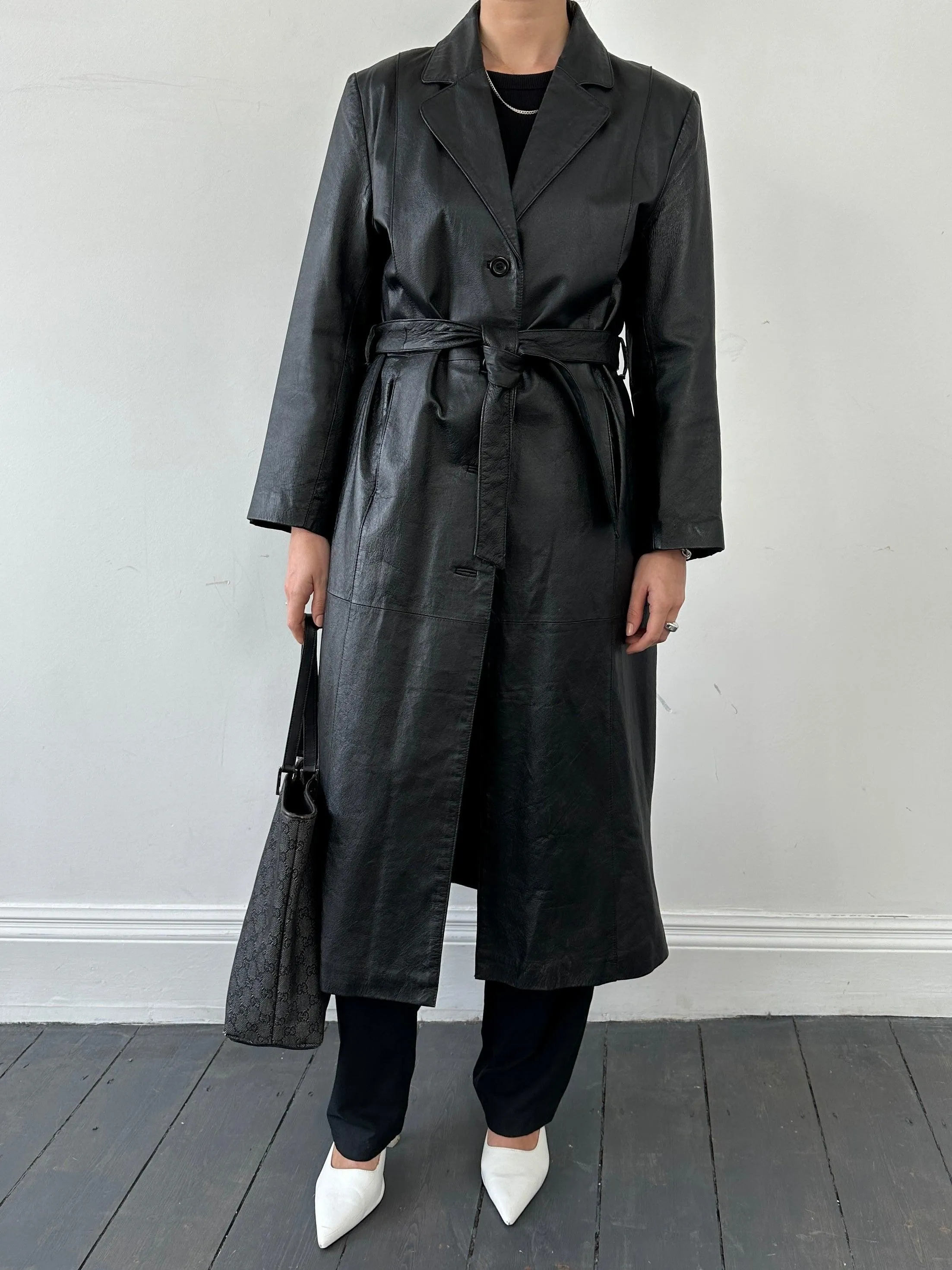 Vintage Belted Leather Trench Coat - S/M