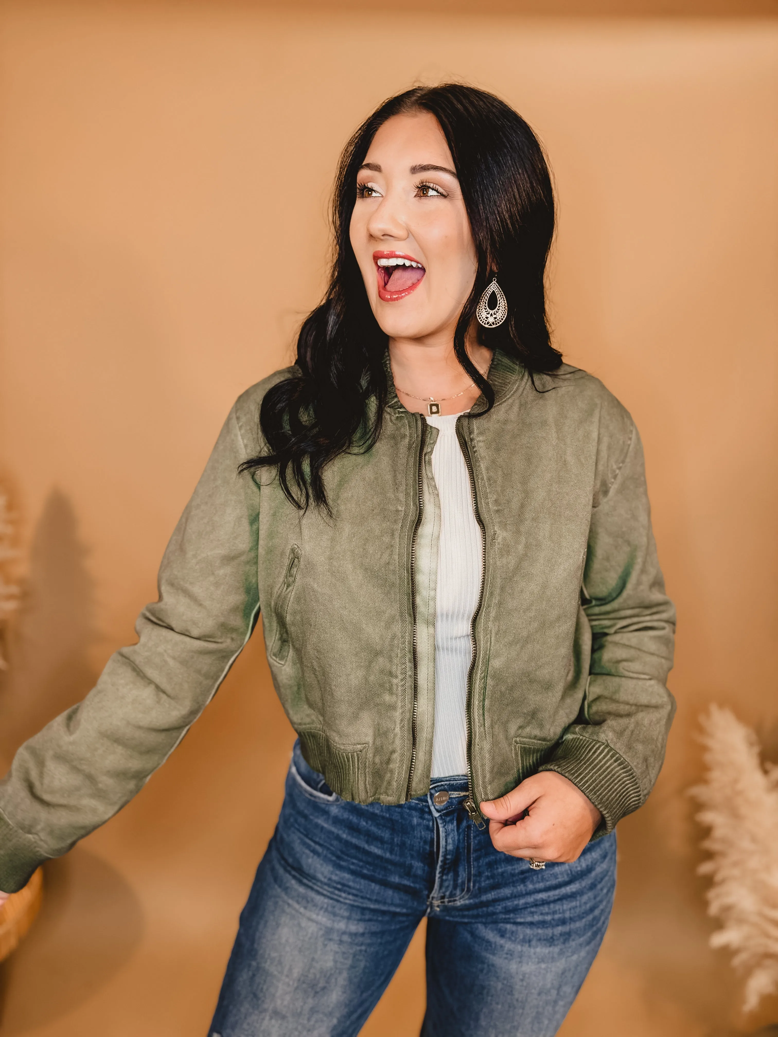 Washed Denim Zip Up Bomber Jacket - Olive