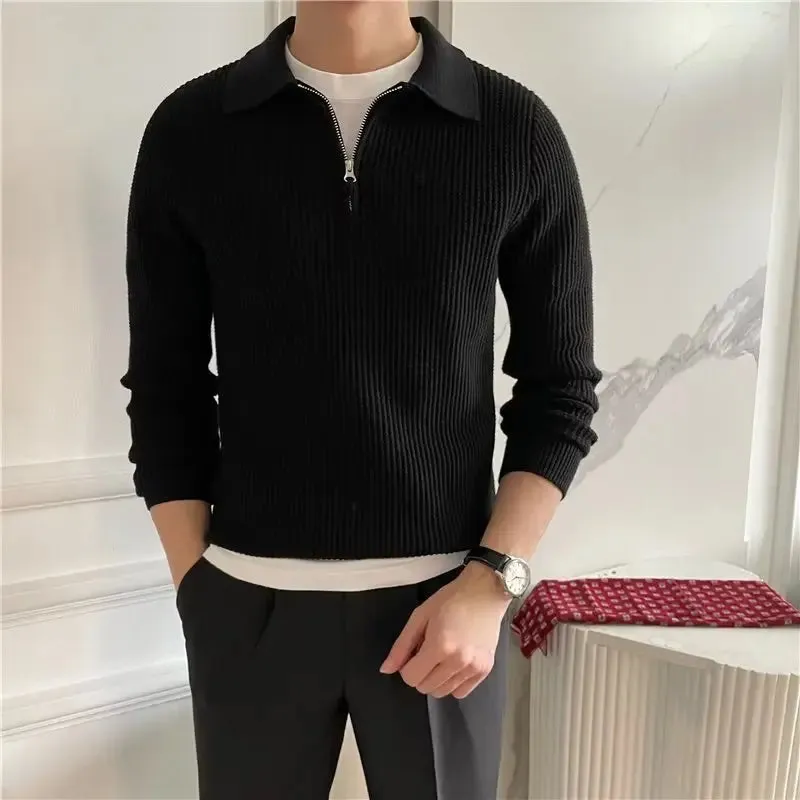 Wiaofellas  -  guys clothing styles Men's Clothing Luxury Knit Pullover Zipper Polo Neck Sweater Leisure Streetwear Popular Retro Solid Color Long Sleeve Knitwear