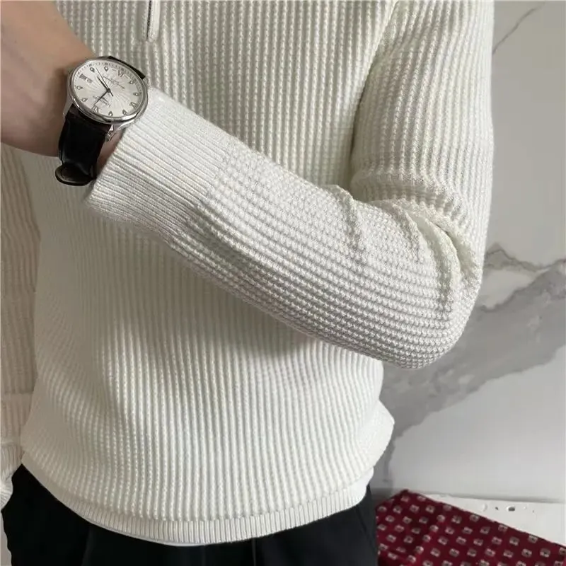 Wiaofellas  -  guys clothing styles Men's Clothing Luxury Knit Pullover Zipper Polo Neck Sweater Leisure Streetwear Popular Retro Solid Color Long Sleeve Knitwear