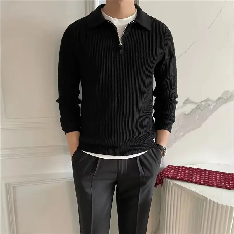 Wiaofellas  -  guys clothing styles Men's Clothing Luxury Knit Pullover Zipper Polo Neck Sweater Leisure Streetwear Popular Retro Solid Color Long Sleeve Knitwear